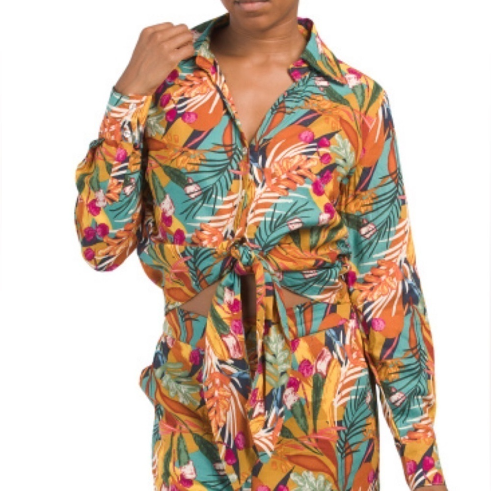 PANAMA JACK NWT Linen Blend Crop Tie Top size L floral print long sleeve